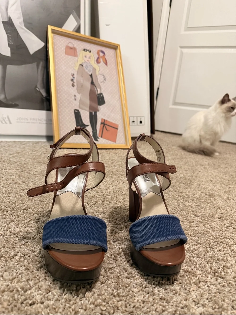 Michael Kors Brown Leather Sandal with Navy Front Band